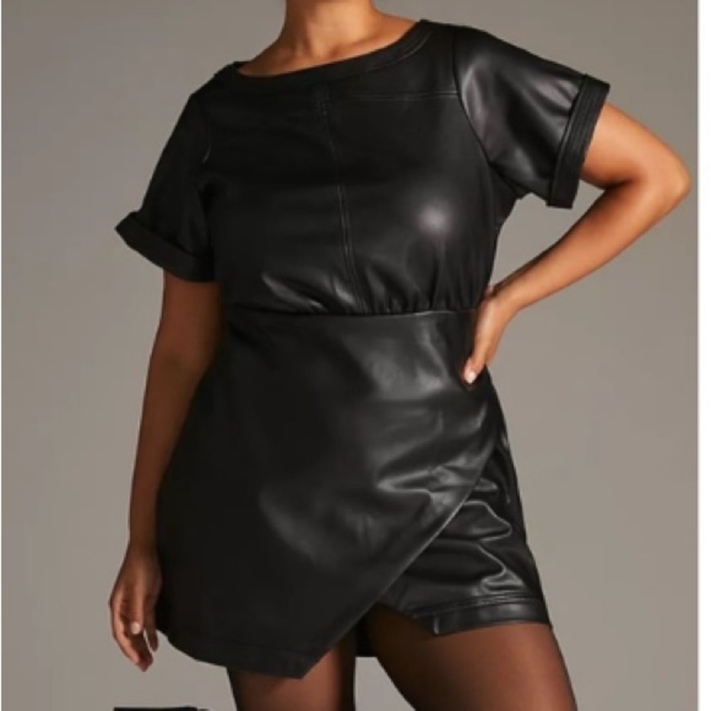 ANTHROPOLOGIE Faux Leather wrap mini dress Black/Noir SZ: 6 - Picture 13 of 13